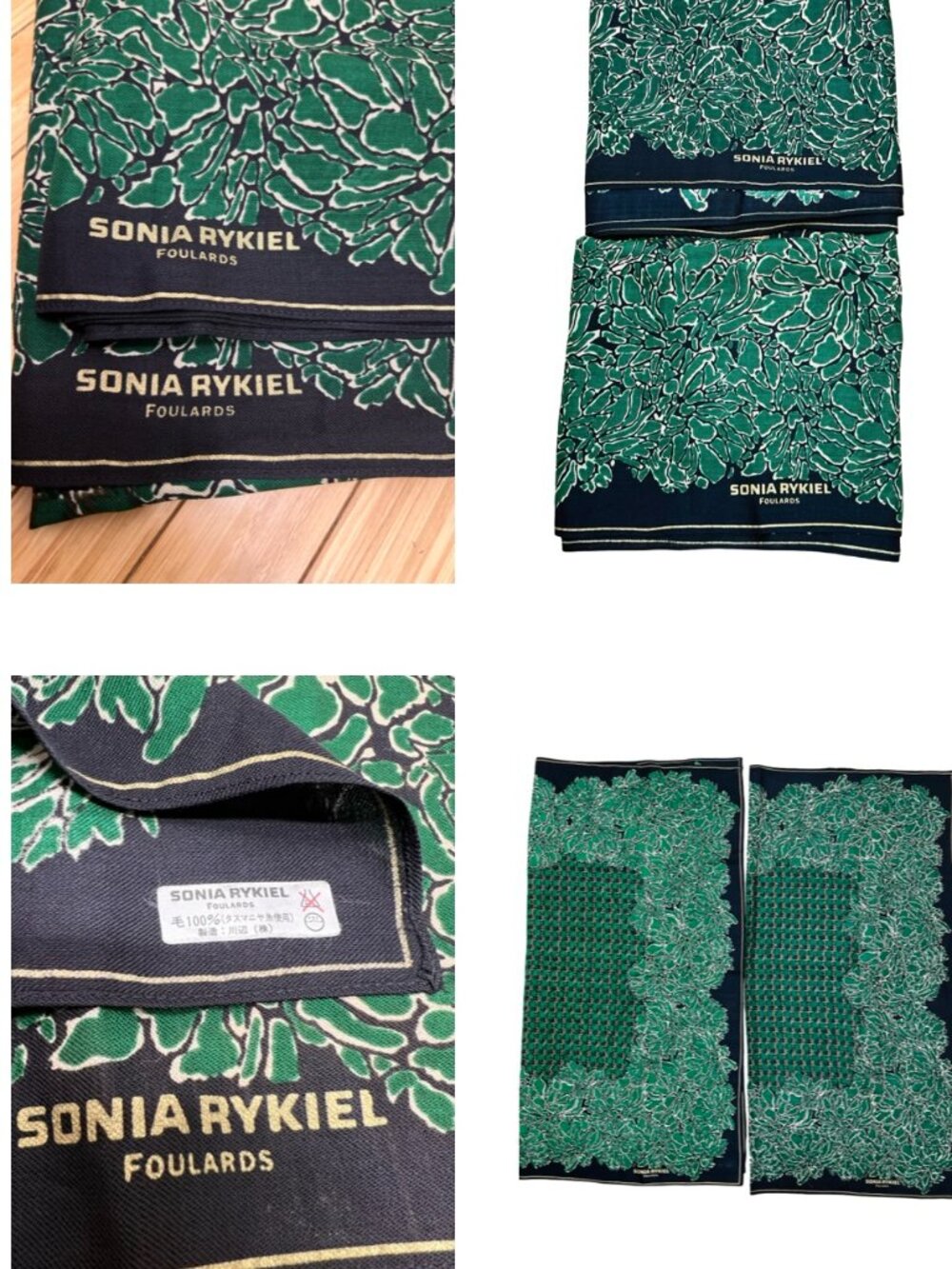 A Pair SONIA RYKIEL Foulards Scarf Shawl 42"  Black White Green Gold Floral  (25 - Picture 6 of 16